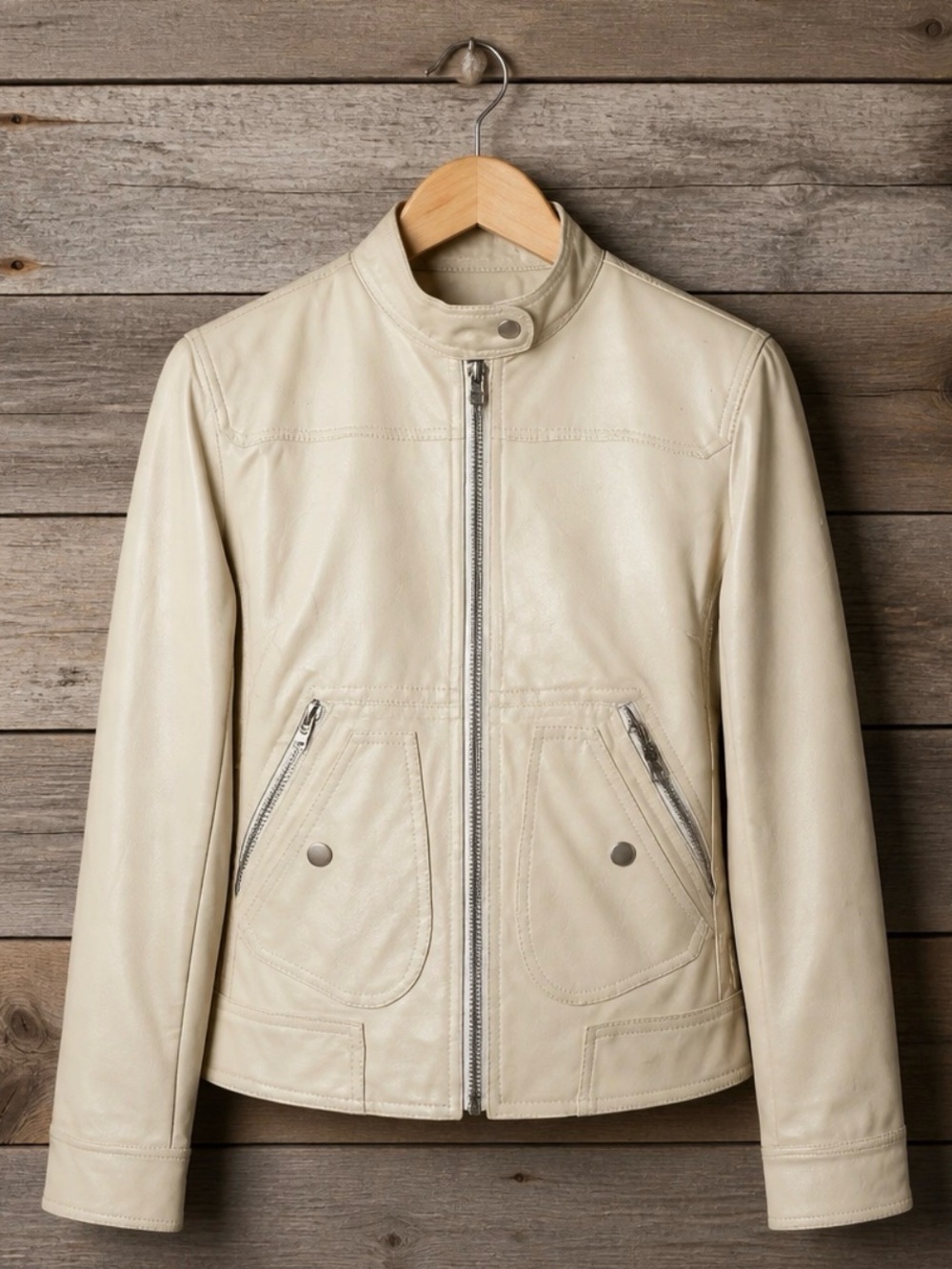 Women's Cream Pu Leather Moto Jacket with Snap Collar